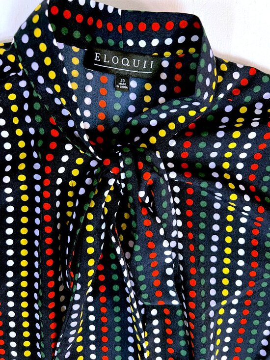 Eloquii Tops - Eloquii Size 20 Navy Multicolor Polka Dot Tie Neck Puff Sleeve Blouse